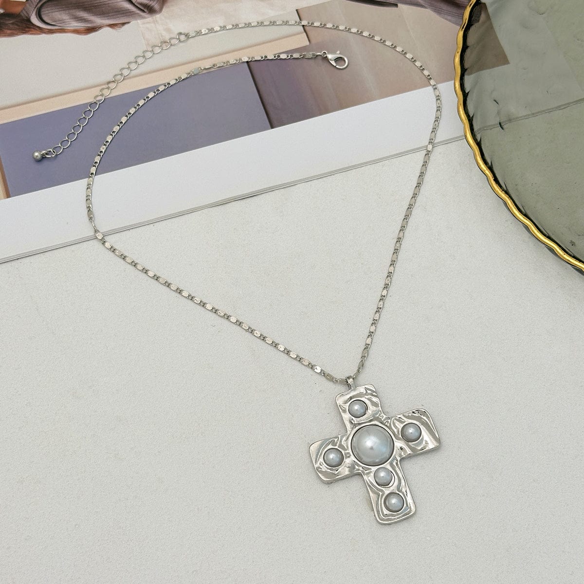 Trendy Pearl Inlaid Cross Pendant Choker Necklace - ArtGalleryZen