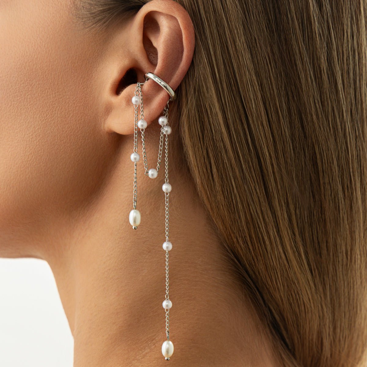 Trendy Pearl Long Chain Tassel Ear Cuff Earring - ArtGalleryZen