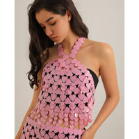 Thumbnail for Trendy Pink Lingerie Halter Top Backless Glitter Heart Sequins Bra - ArtGalleryZen