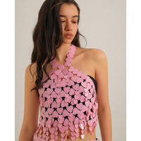 Thumbnail for Trendy Pink Lingerie Halter Top Backless Glitter Heart Sequins Bra - ArtGalleryZen