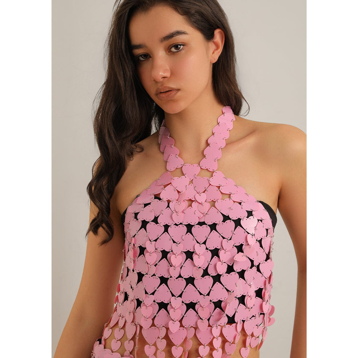 Trendy Pink Lingerie Halter Top Backless Glitter Heart Sequins Bra - ArtGalleryZen