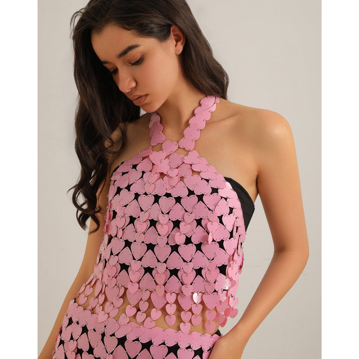 Trendy Pink Lingerie Halter Top Backless Glitter Heart Sequins Bra