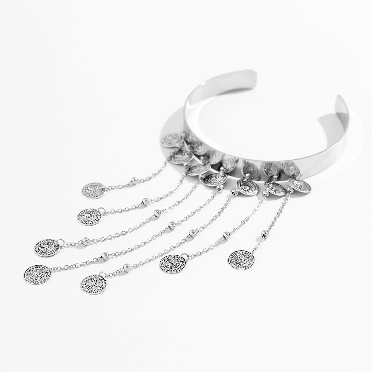Trendy Relief Coin Tassel Saturn Chain Open Arm Cuff - ArtGalleryZen