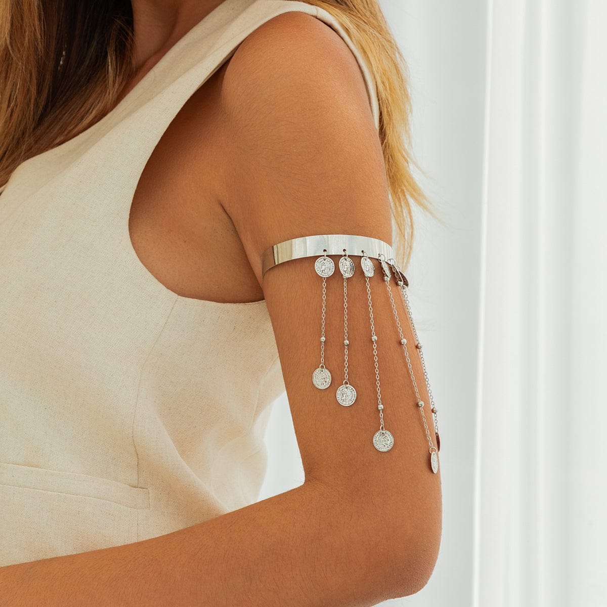 Trendy Relief Coin Tassel Saturn Chain Open Arm Cuff - ArtGalleryZen