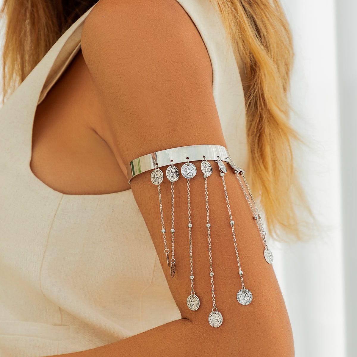 Trendy Relief Coin Tassel Saturn Chain Open Arm Cuff - ArtGalleryZen