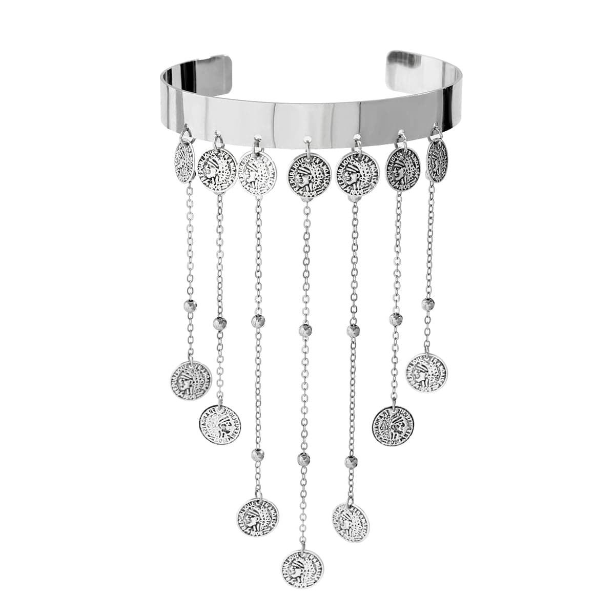 Trendy Relief Coin Tassel Saturn Chain Open Arm Cuff - ArtGalleryZen