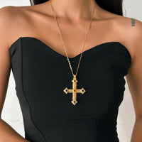 Thumbnail for Trendy Rhinestone Inlaid Floral Cross Pendant Long Chain Necklace