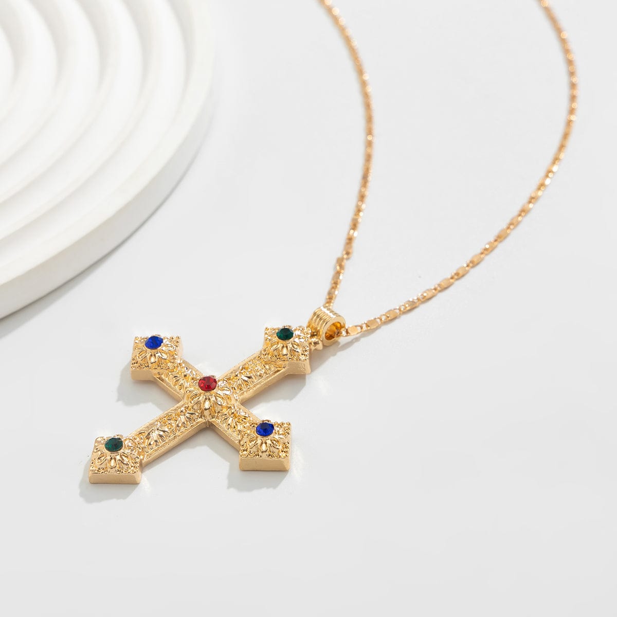 Trendy Rhinestone Inlaid Floral Cross Pendant Long Chain Necklace