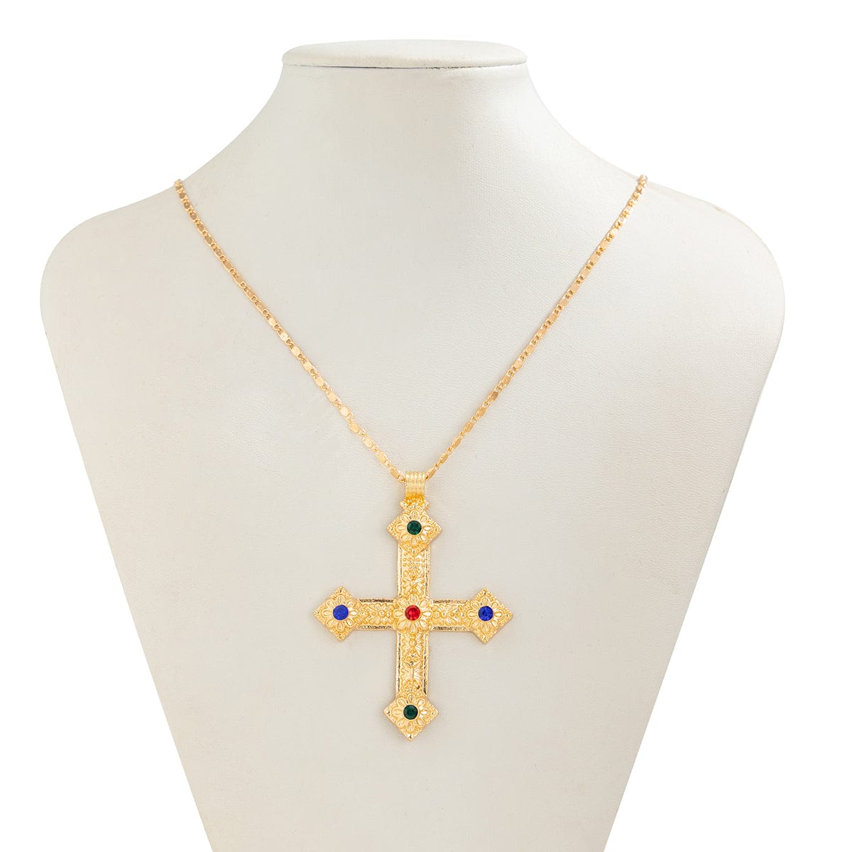 Trendy Rhinestone Inlaid Floral Cross Pendant Long Chain Necklace