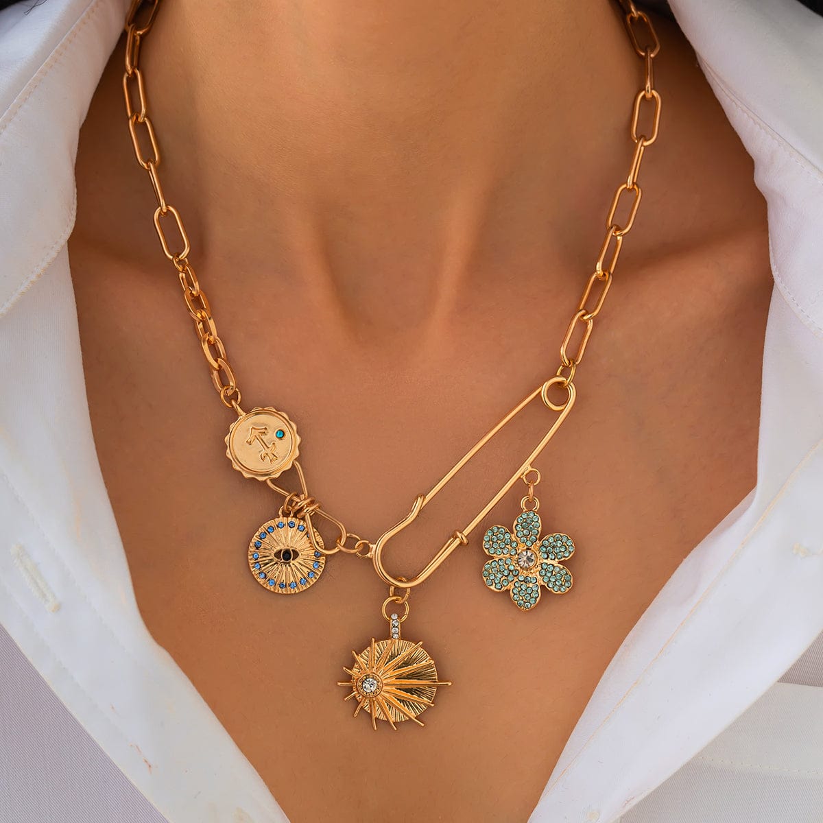 Trendy Rhinestone Inlaid Flower Sun Relief Disk Charm Paperclip Necklace - ArtGalleryZen
