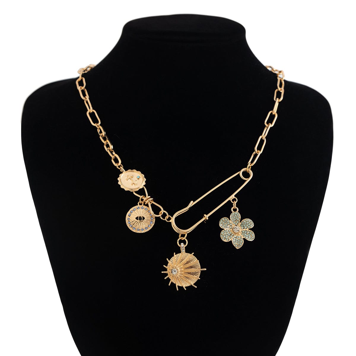 Trendy Rhinestone Inlaid Flower Sun Relief Disk Charm Paperclip Necklace - ArtGalleryZen