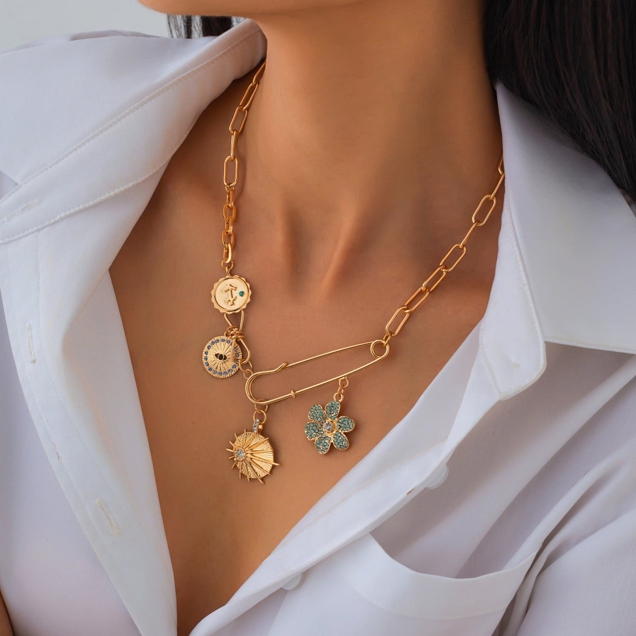Trendy Rhinestone Inlaid Flower Sun Relief Disk Charm Paperclip Necklace - ArtGalleryZen