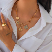 Thumbnail for Trendy Rhinestone Inlaid Flower Sun Relief Disk Charm Paperclip Necklace - ArtGalleryZen