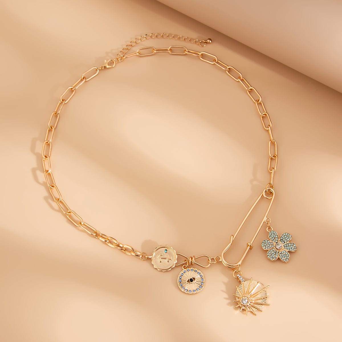 Trendy Rhinestone Inlaid Flower Sun Relief Disk Charm Paperclip Necklace - ArtGalleryZen