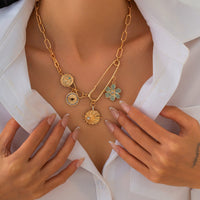 Thumbnail for Trendy Rhinestone Inlaid Flower Sun Relief Disk Charm Paperclip Necklace - ArtGalleryZen