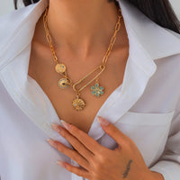 Thumbnail for Trendy Rhinestone Inlaid Flower Sun Relief Disk Charm Paperclip Necklace - ArtGalleryZen