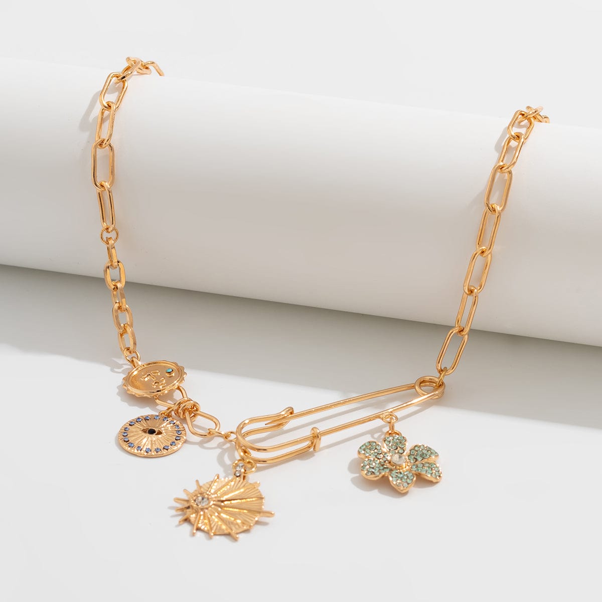 Trendy Rhinestone Inlaid Flower Sun Relief Disk Charm Paperclip Necklace - ArtGalleryZen