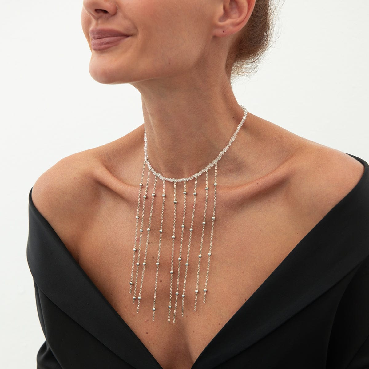 Trendy Saturn Chain Tassel Crystal Beaded Necklace - ArtGalleryZen