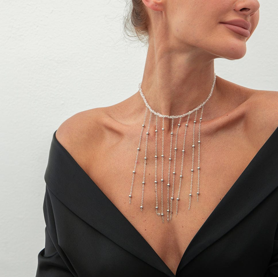 Trendy Saturn Chain Tassel Crystal Beaded Necklace - ArtGalleryZen