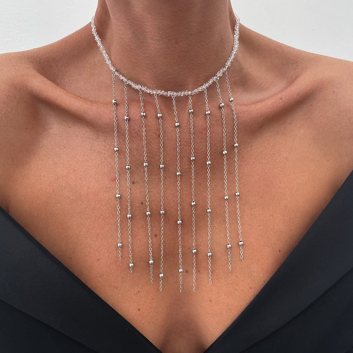 Trendy Saturn Chain Tassel Crystal Beaded Necklace - ArtGalleryZen