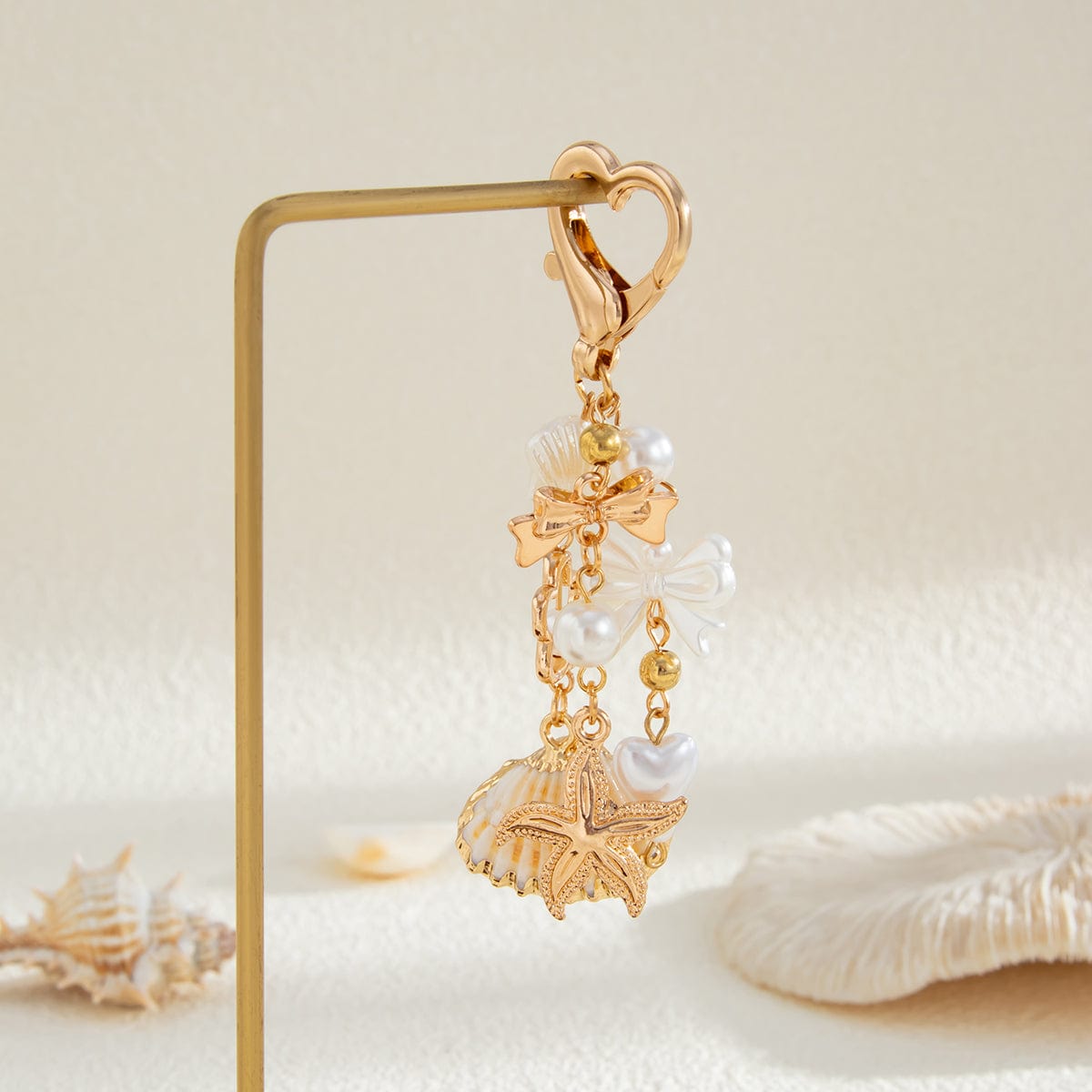 Trendy Shell Starfish Pearl Bowknot Pendant Heart Keychain - ArtGalleryZen