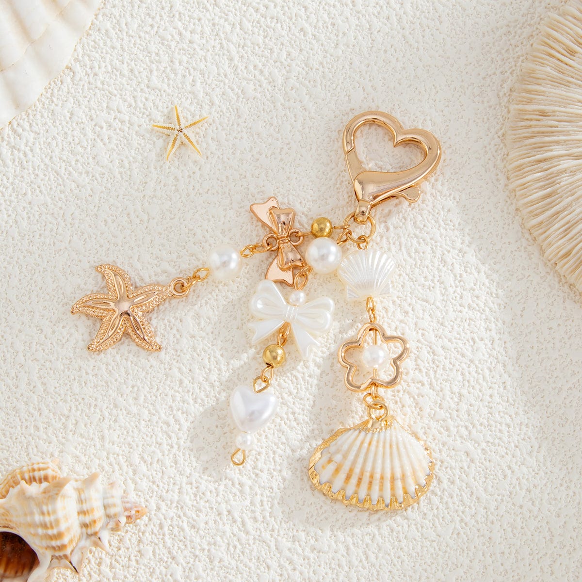 Trendy Shell Starfish Pearl Bowknot Pendant Heart Keychain - ArtGalleryZen