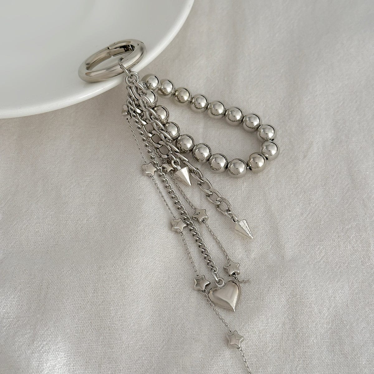 Trendy Silver Tone Heart Star Pendant Ball Chain Keychain - ArtGalleryZen