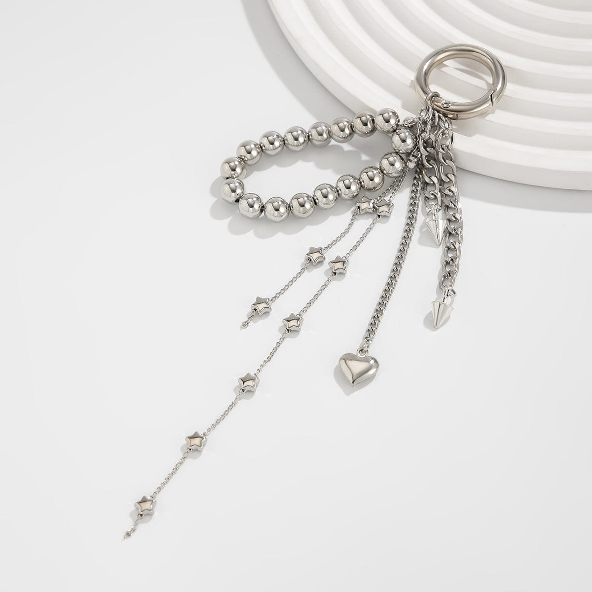 Trendy Silver Tone Heart Star Pendant Ball Chain Keychain - ArtGalleryZen