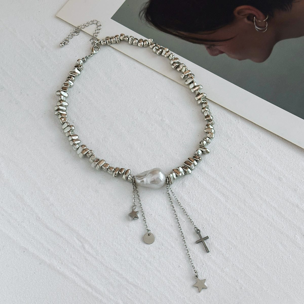 Trendy Silver Tone Star Cross Tassel Pearl Charm Necklace - ArtGalleryZen