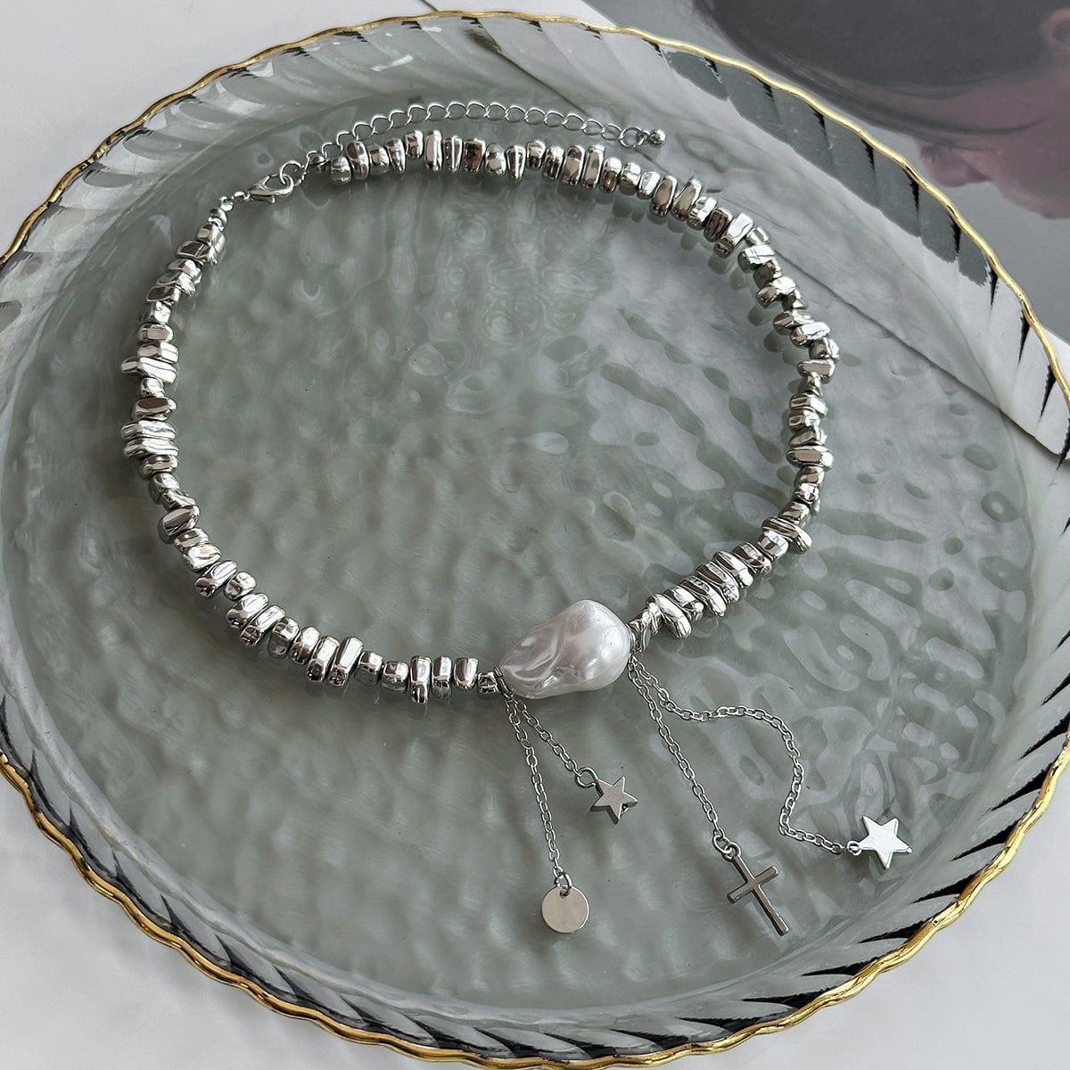 Trendy Silver Tone Star Cross Tassel Pearl Charm Necklace - ArtGalleryZen