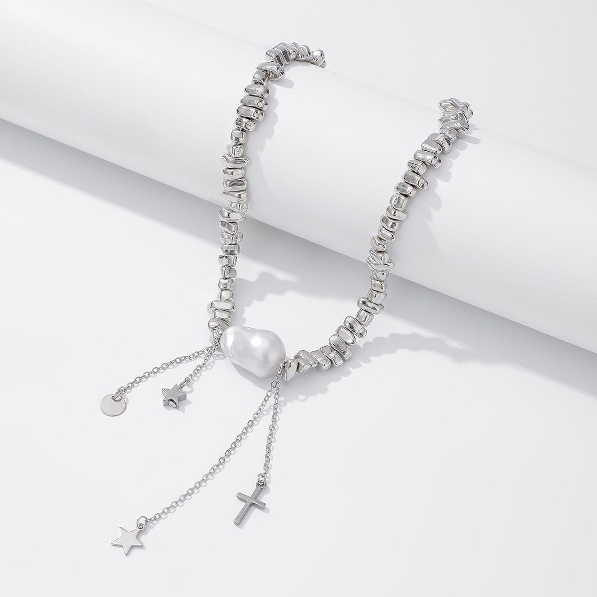 Trendy Silver Tone Star Cross Tassel Pearl Charm Necklace - ArtGalleryZen