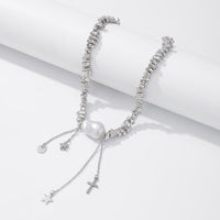 Thumbnail for Trendy Silver Tone Star Cross Tassel Pearl Charm Necklace - ArtGalleryZen