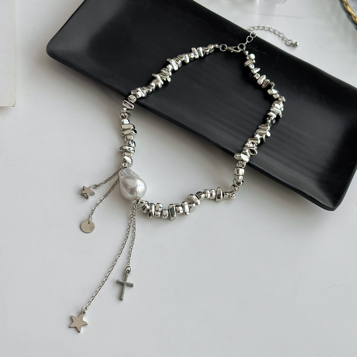 Trendy Silver Tone Star Cross Tassel Pearl Charm Necklace - ArtGalleryZen