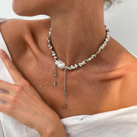 Thumbnail for Trendy Silver Tone Star Cross Tassel Pearl Charm Necklace - ArtGalleryZen