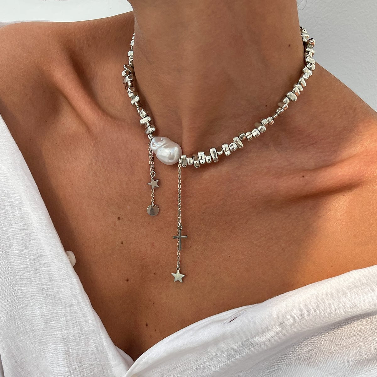 Trendy Silver Tone Star Cross Tassel Pearl Charm Necklace - ArtGalleryZen