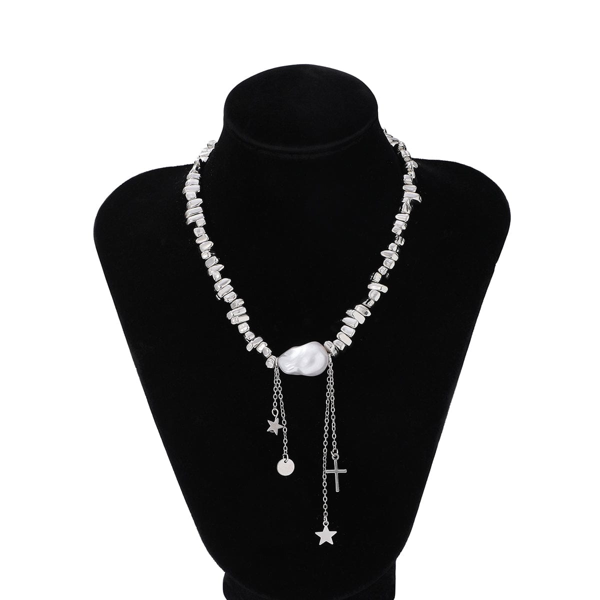 Trendy Silver Tone Star Cross Tassel Pearl Charm Necklace - ArtGalleryZen