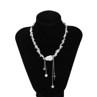 Thumbnail for Trendy Silver Tone Star Cross Tassel Pearl Charm Necklace - ArtGalleryZen