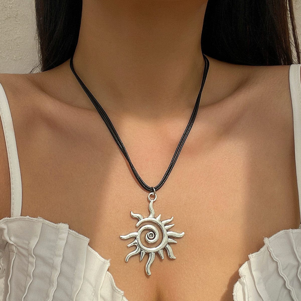 Trendy Sun Pendant Wax Cord String Necklace