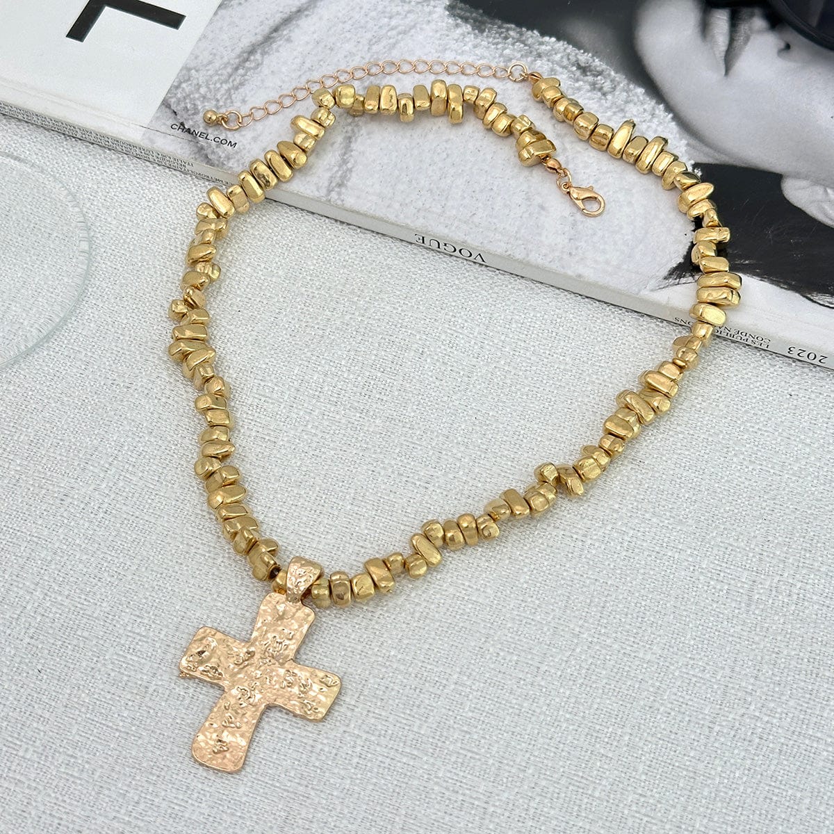 Trendy Textured Cross Pendant Irregular Beaded Chain Necklace - ArtGalleryZen