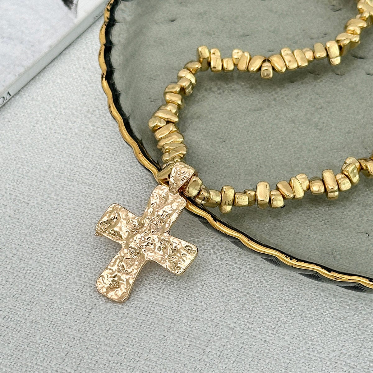 Trendy Textured Cross Pendant Irregular Beaded Chain Necklace - ArtGalleryZen