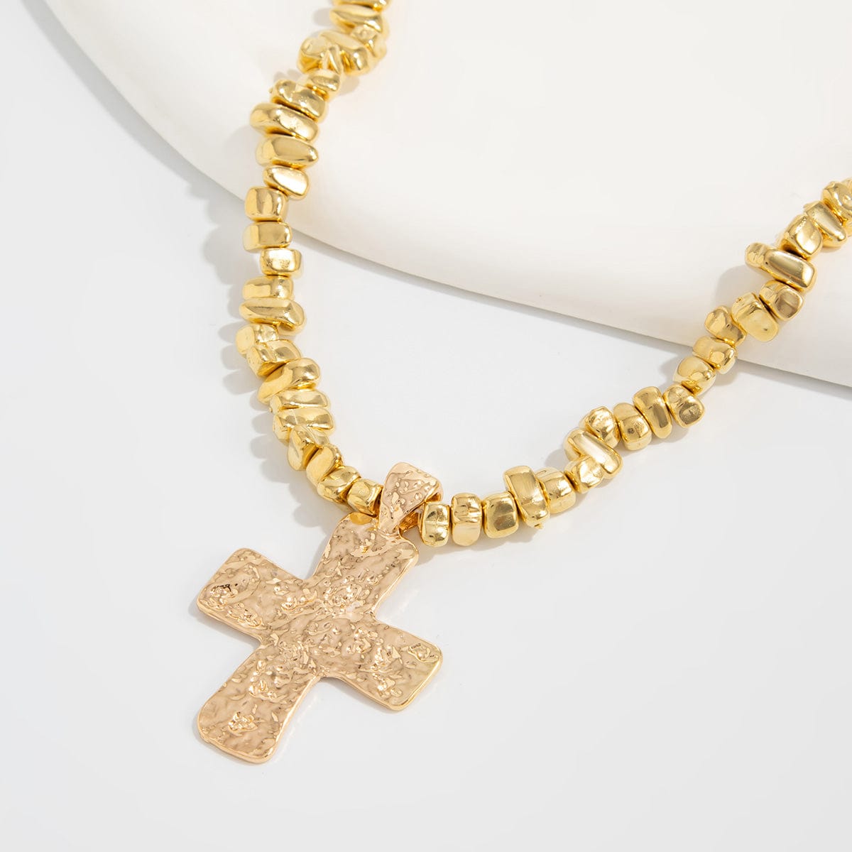 Trendy Textured Cross Pendant Irregular Beaded Chain Necklace - ArtGalleryZen