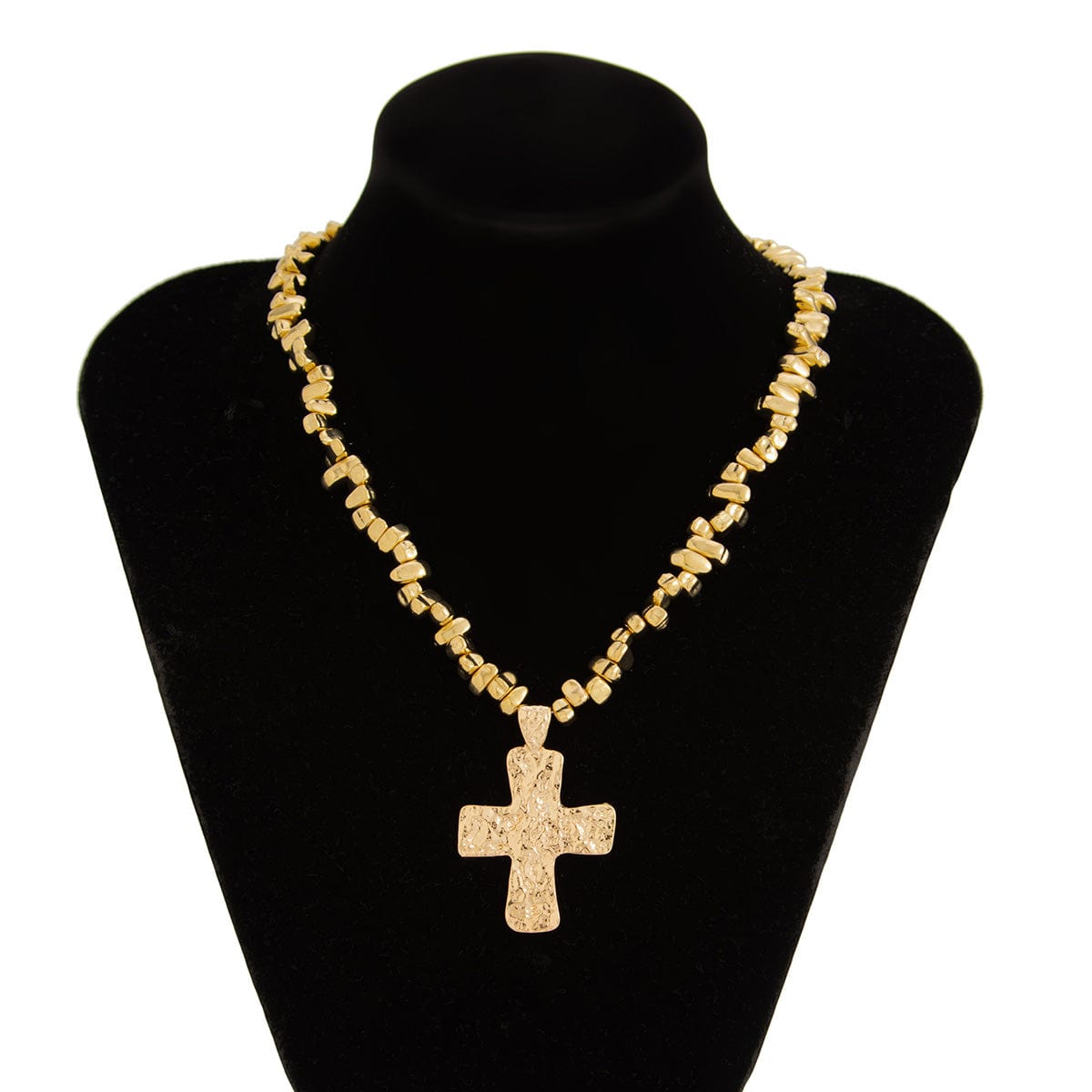 Trendy Textured Cross Pendant Irregular Beaded Chain Necklace - ArtGalleryZen