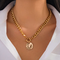 Thumbnail for Trendy Textured Round Disk Pendant Chunky Curb Chain Necklace