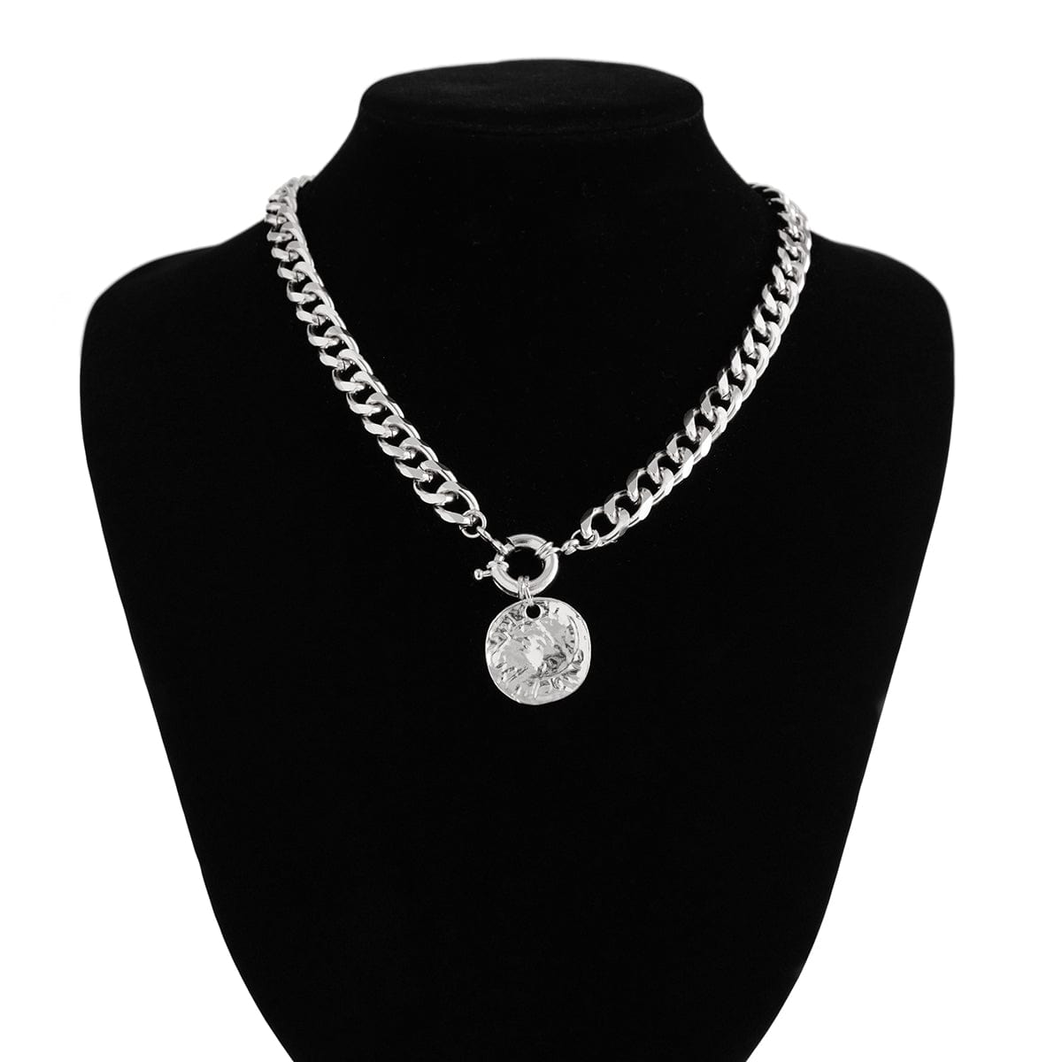 Trendy Textured Round Disk Pendant Chunky Curb Chain Necklace