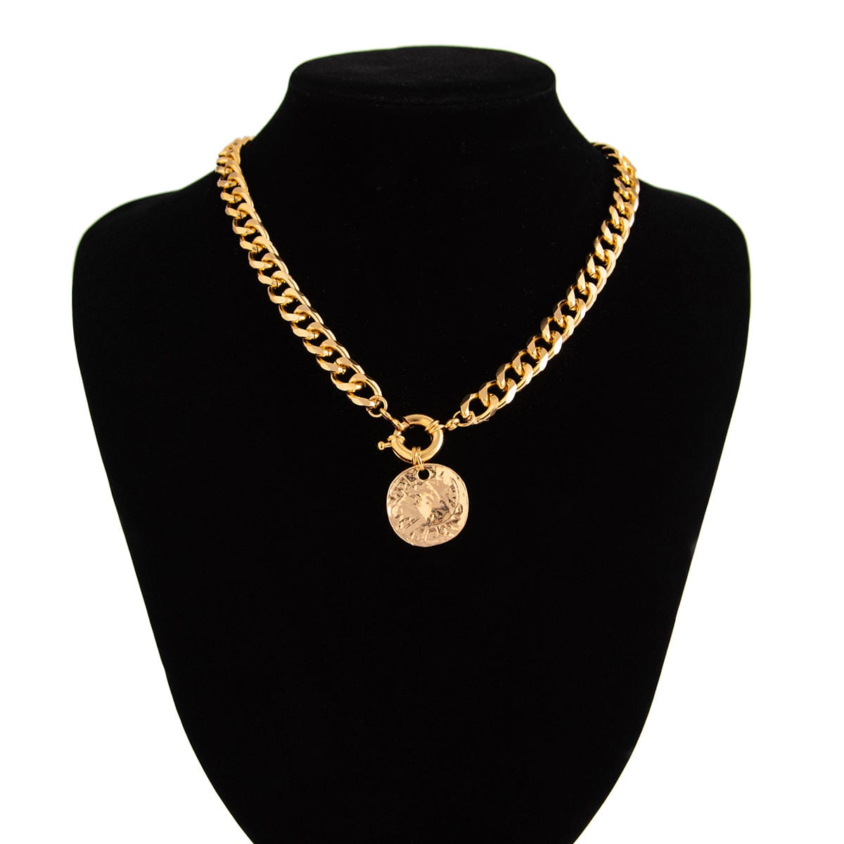 Trendy Textured Round Disk Pendant Chunky Curb Chain Necklace