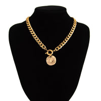 Thumbnail for Trendy Textured Round Disk Pendant Chunky Curb Chain Necklace