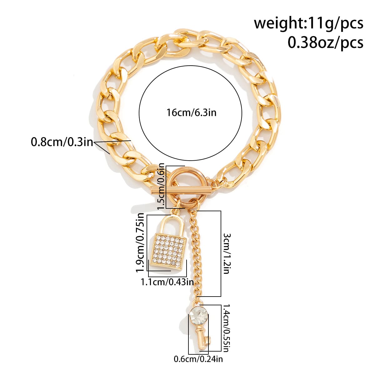 Trendy Toggle Clasp CZ Inlaid Lock Key Pendant Cable Chain Bracelet - ArtGalleryZen