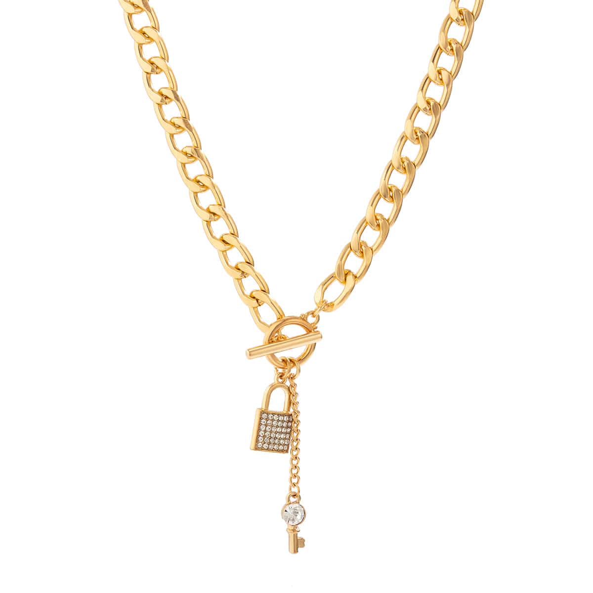 Trendy Toggle Clasp CZ Inlaid Lock Key Pendant Cable Chain Necklace - ArtGalleryZen