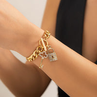 Thumbnail for Trendy Toggle Clasp CZ Inlaid Lock Key Pendant Curb Chain Bracelet - ArtGalleryZen