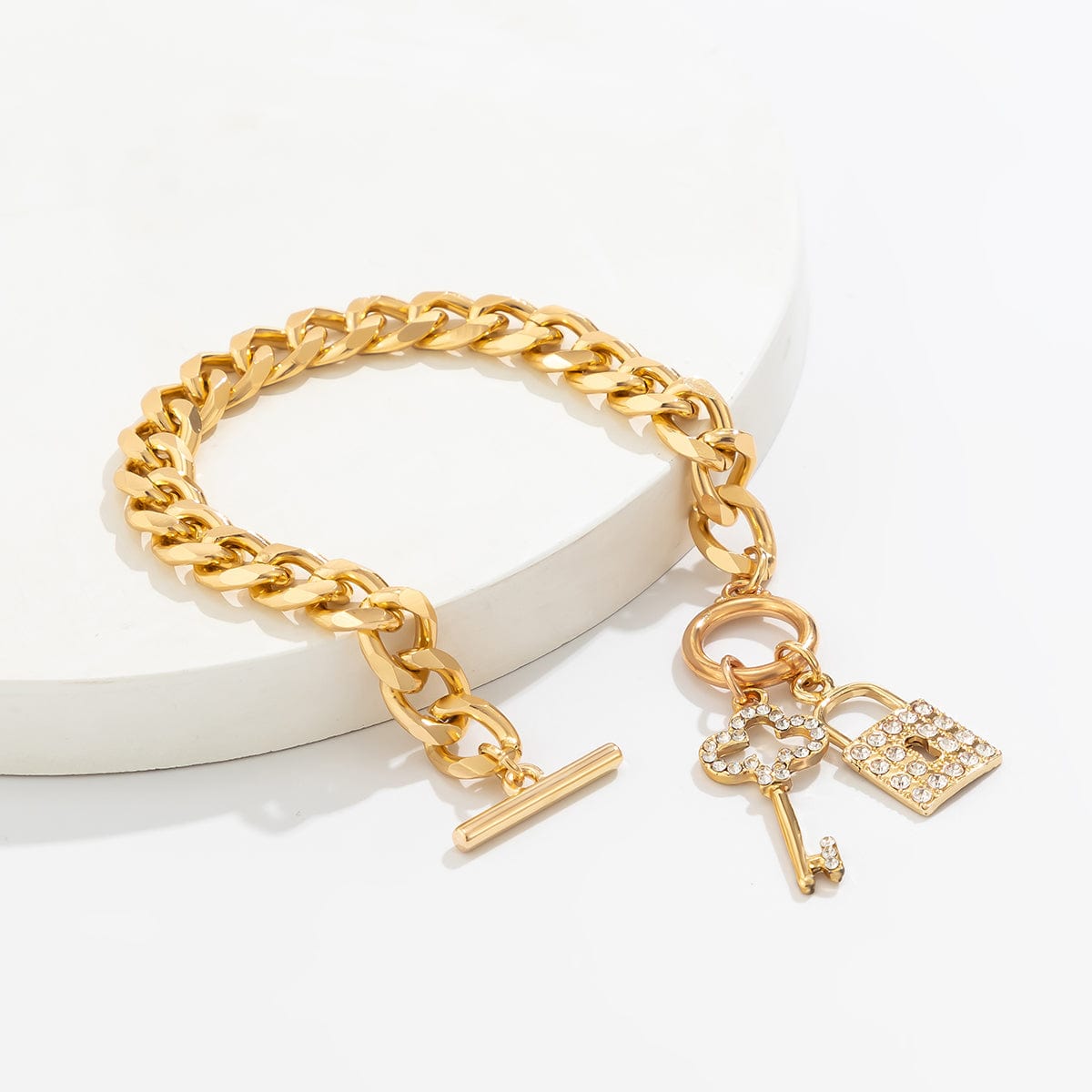 Trendy Toggle Clasp CZ Inlaid Lock Key Pendant Curb Chain Bracelet - ArtGalleryZen